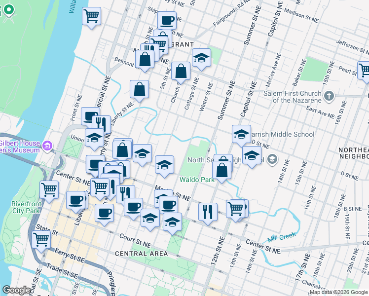 map of restaurants, bars, coffee shops, grocery stores, and more near 700 Winter Street Northeast in Salem