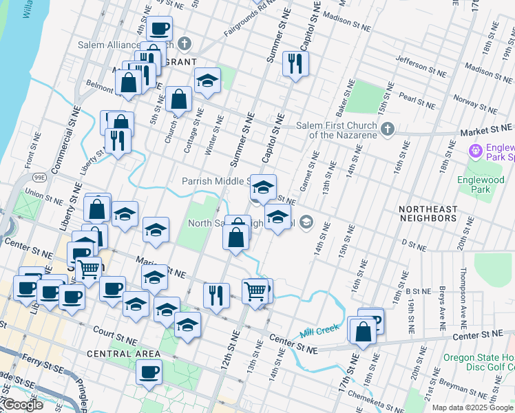 map of restaurants, bars, coffee shops, grocery stores, and more near 802 Capitol Street Northeast in Salem