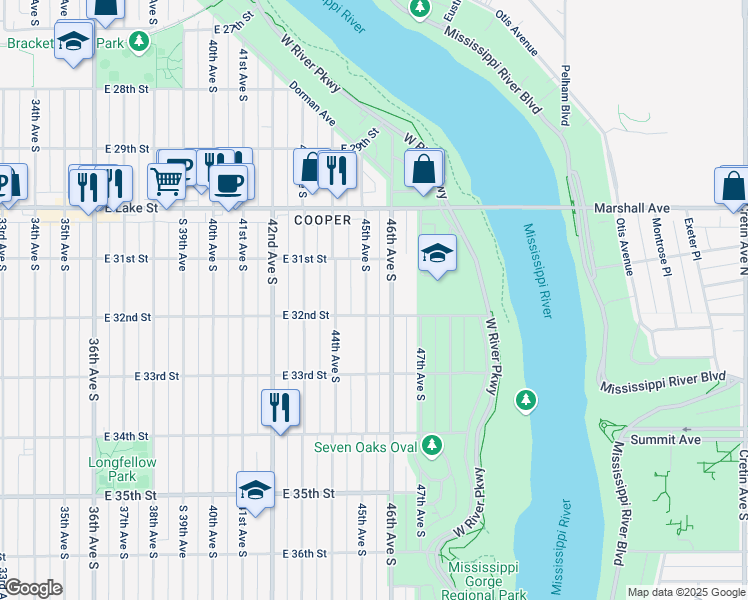 map of restaurants, bars, coffee shops, grocery stores, and more near 3125 45th Avenue South in Minneapolis