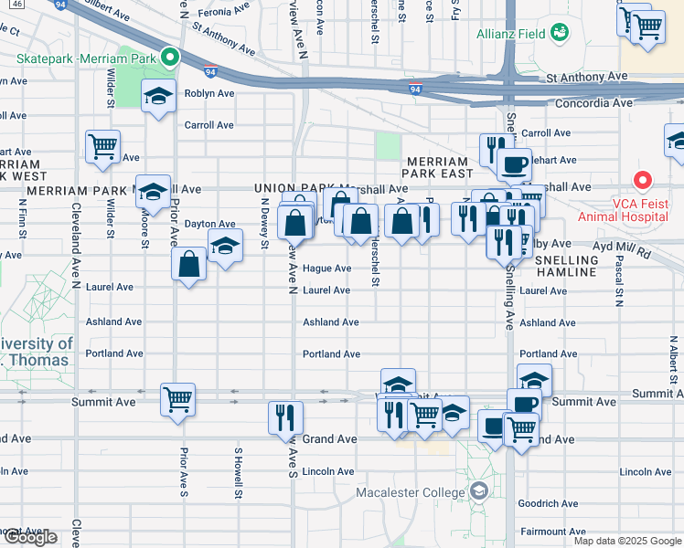 map of restaurants, bars, coffee shops, grocery stores, and more near 1777 Hague Avenue in Saint Paul