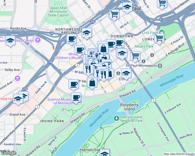 map of restaurants, bars, coffee shops, grocery stores, and more near 380 Saint Peter Street in Saint Paul