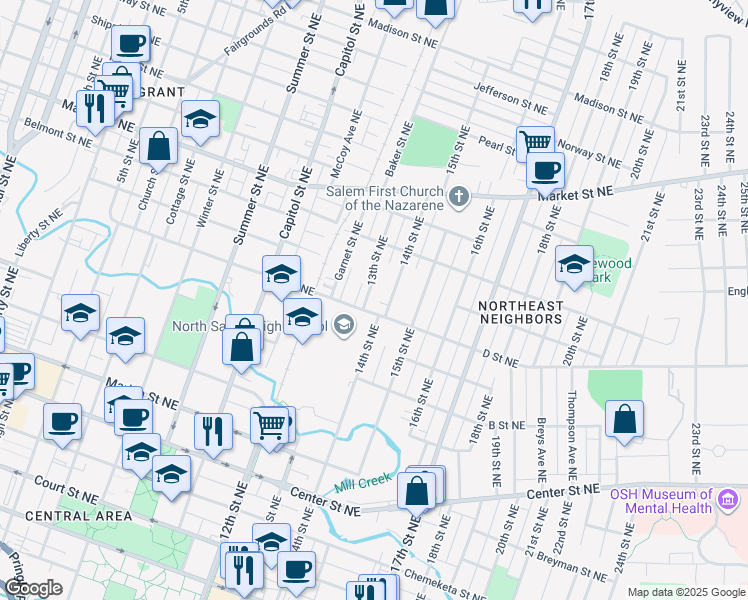 map of restaurants, bars, coffee shops, grocery stores, and more near 985 14th Street Northeast in Salem