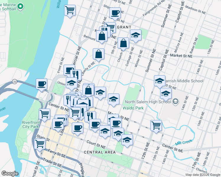 map of restaurants, bars, coffee shops, grocery stores, and more near 728 Church Street Northeast in Salem
