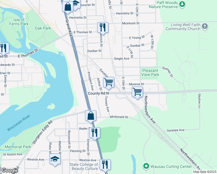 map of restaurants, bars, coffee shops, grocery stores, and more near 1221 Arthur Street in Wausau