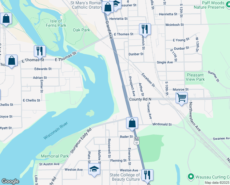 map of restaurants, bars, coffee shops, grocery stores, and more near 1212 Grand Avenue in Wausau