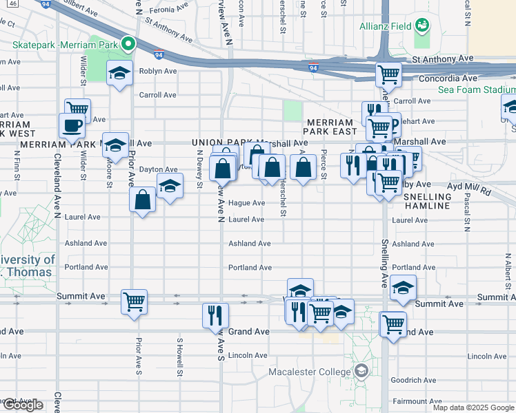 map of restaurants, bars, coffee shops, grocery stores, and more near 1777 Hague Avenue in Saint Paul