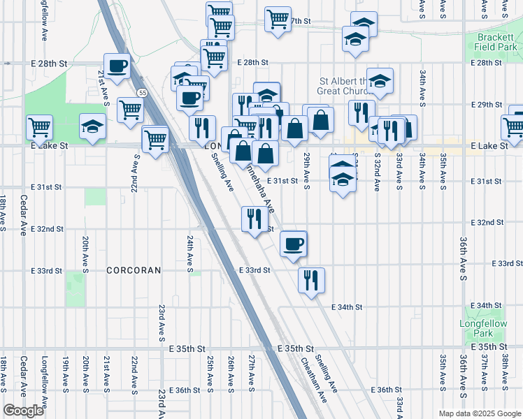 map of restaurants, bars, coffee shops, grocery stores, and more near 3117 Minnehaha Avenue in Minneapolis