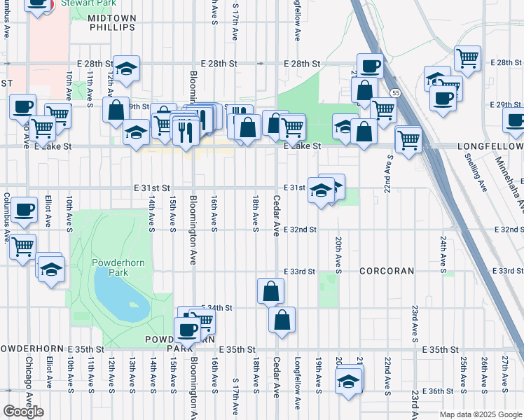 map of restaurants, bars, coffee shops, grocery stores, and more near 3114 18th Avenue South in Minneapolis