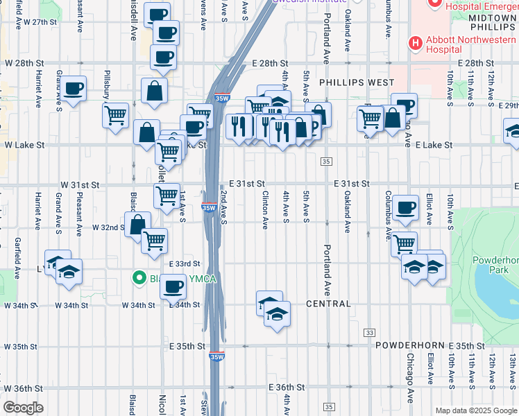 map of restaurants, bars, coffee shops, grocery stores, and more near 3119 Clinton Avenue in Minneapolis