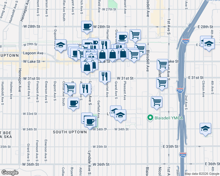 map of restaurants, bars, coffee shops, grocery stores, and more near 3117 Harriet Avenue in Minneapolis