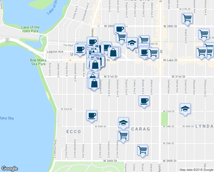 map of restaurants, bars, coffee shops, grocery stores, and more near 3115 Fremont Avenue South in Minneapolis