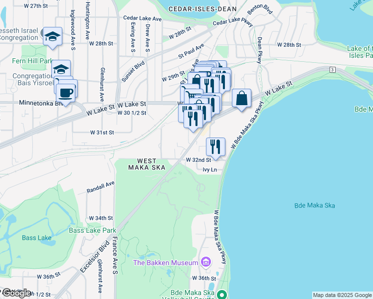 map of restaurants, bars, coffee shops, grocery stores, and more near 3130 Excelsior Boulevard in Minneapolis