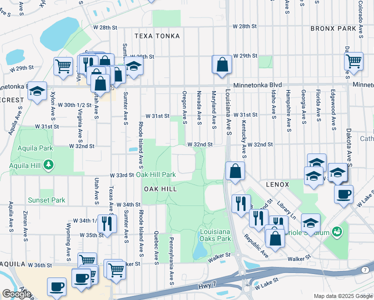 map of restaurants, bars, coffee shops, grocery stores, and more near 3100 Oregon Avenue South in St. Louis Park