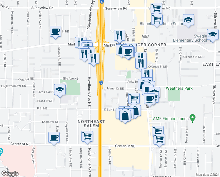 map of restaurants, bars, coffee shops, grocery stores, and more near 3514 Manor Drive Northeast in Salem
