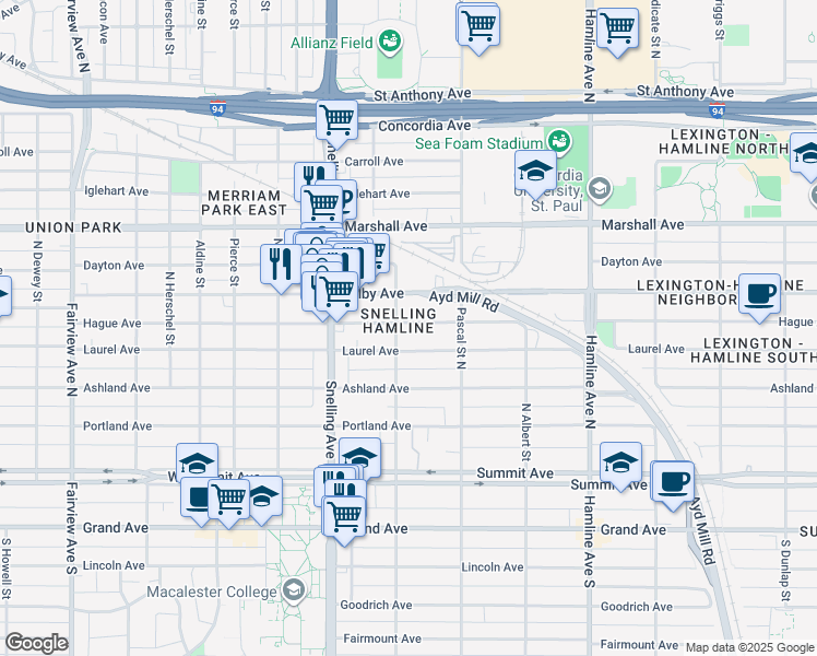 map of restaurants, bars, coffee shops, grocery stores, and more near 1499 Hague Avenue in Saint Paul