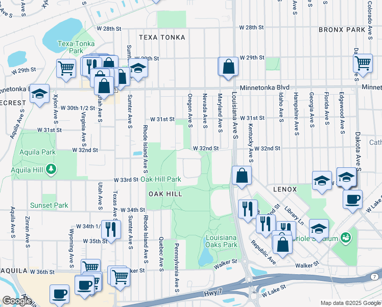 map of restaurants, bars, coffee shops, grocery stores, and more near 7400 Oak Park Village Drive in St. Louis Park