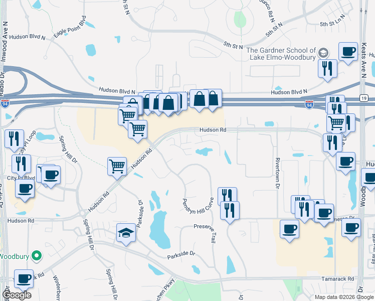 map of restaurants, bars, coffee shops, grocery stores, and more near 9245 Troon Court in Woodbury
