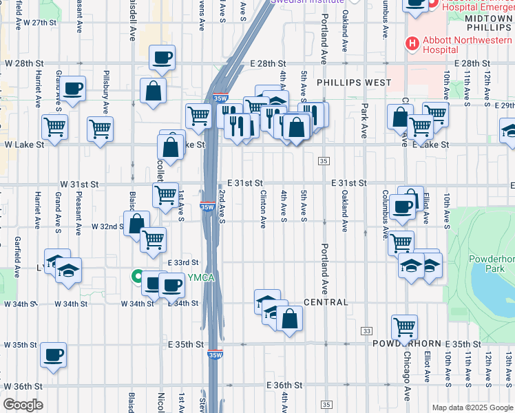 map of restaurants, bars, coffee shops, grocery stores, and more near 3119 Clinton Avenue in Minneapolis