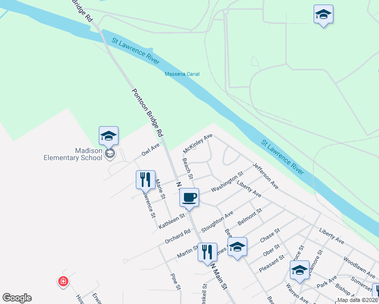 map of restaurants, bars, coffee shops, grocery stores, and more near 161 McKinley Avenue in Massena