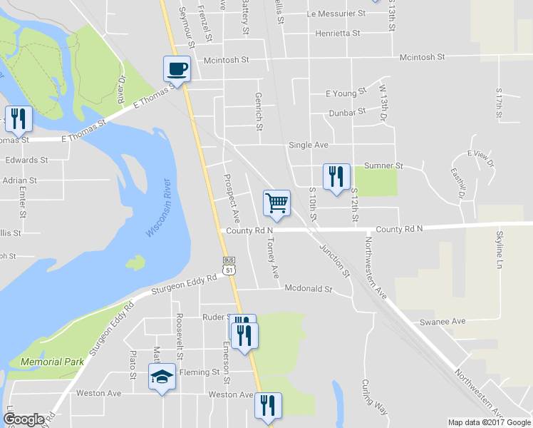 map of restaurants, bars, coffee shops, grocery stores, and more near 1221 Arthur Street in Wausau