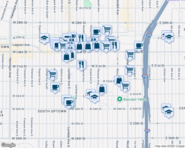 map of restaurants, bars, coffee shops, grocery stores, and more near 3112 Pleasant Avenue in Minneapolis