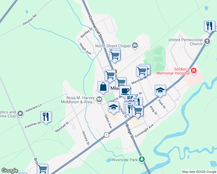map of restaurants, bars, coffee shops, grocery stores, and more near 57 School Street in Middleton