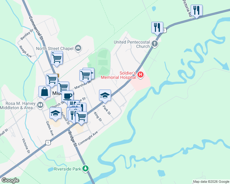 map of restaurants, bars, coffee shops, grocery stores, and more near 419 Main Street in Middleton