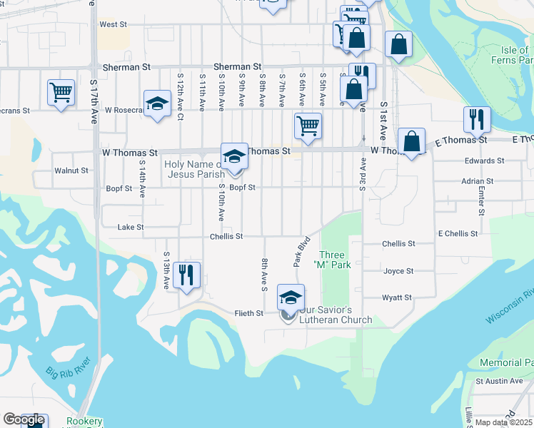 map of restaurants, bars, coffee shops, grocery stores, and more near 1227 South 8th Avenue in Wausau