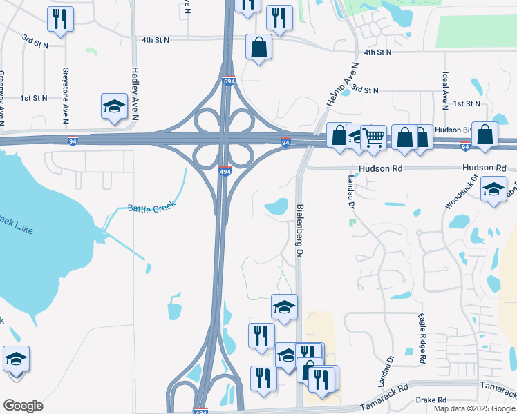 map of restaurants, bars, coffee shops, grocery stores, and more near 500 Bielenberg Drive in Woodbury