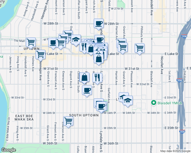 map of restaurants, bars, coffee shops, grocery stores, and more near 3117 Aldrich Avenue South in Minneapolis