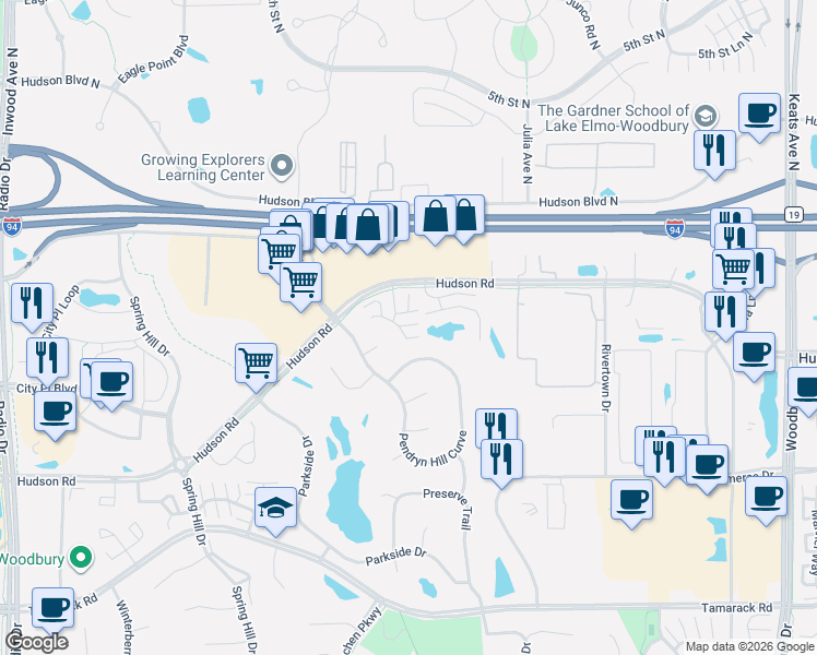 map of restaurants, bars, coffee shops, grocery stores, and more near 9221 Troon Court in Woodbury