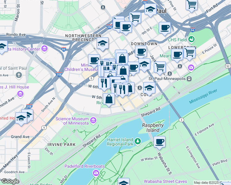 map of restaurants, bars, coffee shops, grocery stores, and more near 380 Saint Peter Street in Saint Paul