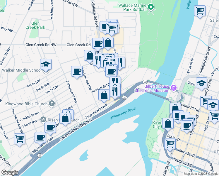 map of restaurants, bars, coffee shops, grocery stores, and more near 570 Bassett Street Northwest in Salem