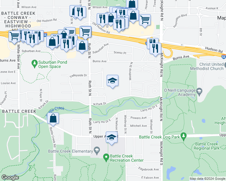 map of restaurants, bars, coffee shops, grocery stores, and more near 2121 North Park Drive in Saint Paul