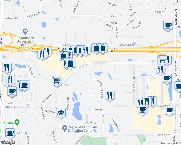 map of restaurants, bars, coffee shops, grocery stores, and more near 9245 Troon Court in Woodbury