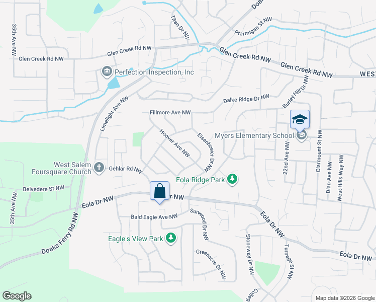 map of restaurants, bars, coffee shops, grocery stores, and more near 2717 Hoover Avenue Northwest in Salem