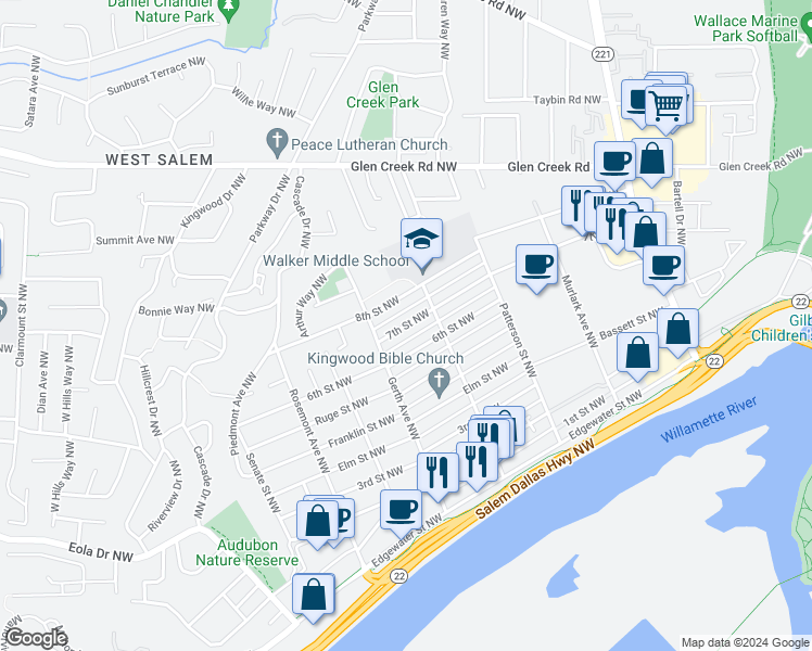 map of restaurants, bars, coffee shops, grocery stores, and more near 1131 7th Street Northwest in Salem