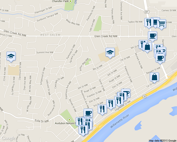 map of restaurants, bars, coffee shops, grocery stores, and more near 1251 8th Street Northwest in Salem