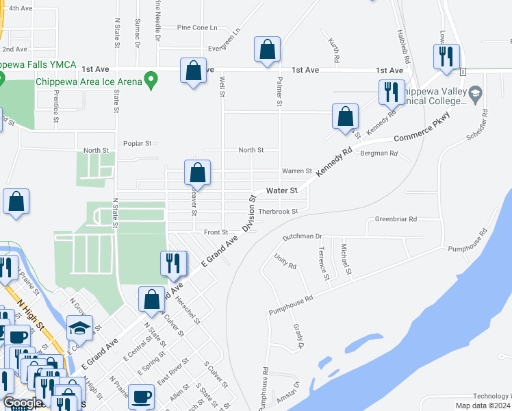 map of restaurants, bars, coffee shops, grocery stores, and more near 1209 Water Street in Chippewa Falls