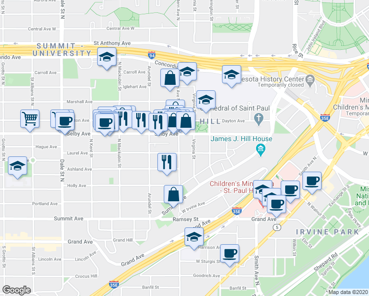 map of restaurants, bars, coffee shops, grocery stores, and more near 369 Laurel Avenue in Saint Paul