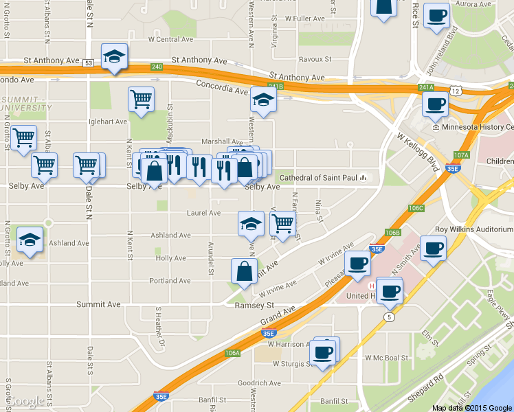 map of restaurants, bars, coffee shops, grocery stores, and more near 369 Laurel Avenue in Saint Paul