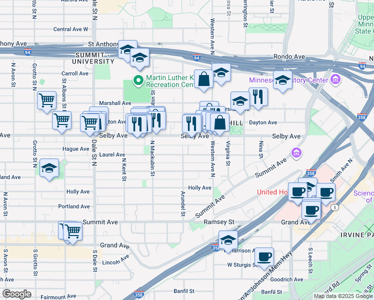 map of restaurants, bars, coffee shops, grocery stores, and more near 140 Arundel Street in Saint Paul