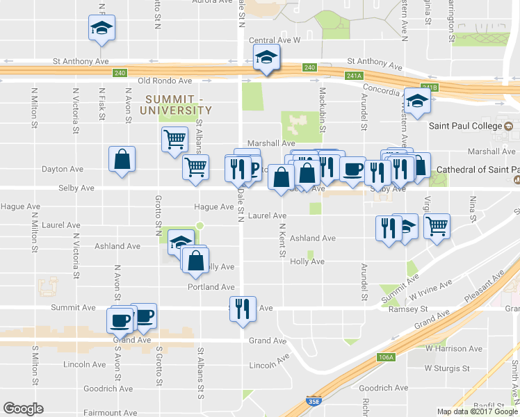 map of restaurants, bars, coffee shops, grocery stores, and more near 574 Selby Avenue in Saint Paul
