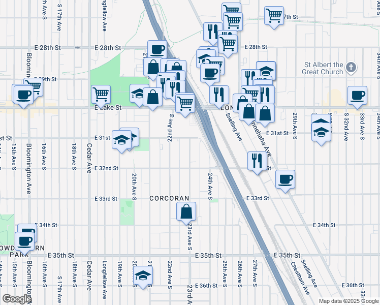 map of restaurants, bars, coffee shops, grocery stores, and more near 3119 23rd Avenue South in Minneapolis