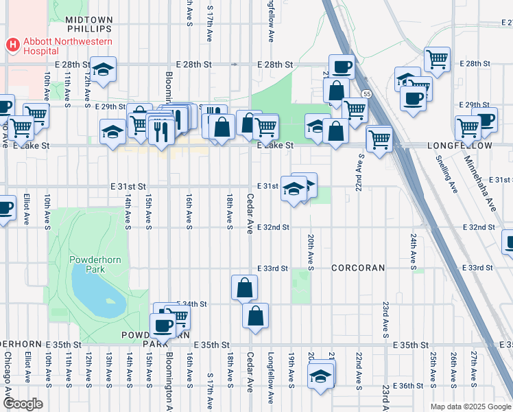 map of restaurants, bars, coffee shops, grocery stores, and more near 3114 Cedar Avenue in Minneapolis