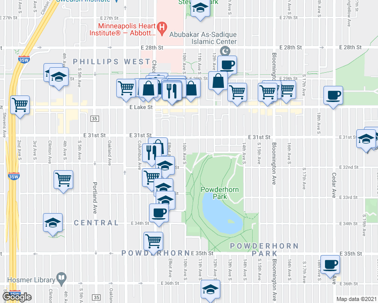 map of restaurants, bars, coffee shops, grocery stores, and more near 3113 10th Avenue South in Minneapolis