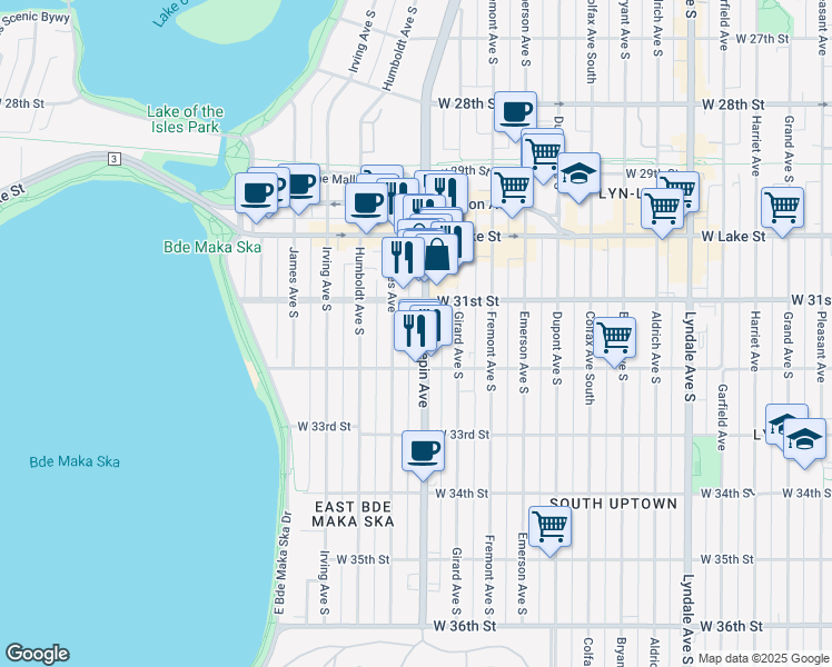 map of restaurants, bars, coffee shops, grocery stores, and more near 3133 Hennepin Avenue in Minneapolis
