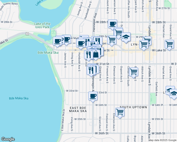 map of restaurants, bars, coffee shops, grocery stores, and more near 3133 Hennepin Avenue in Minneapolis