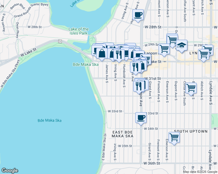 map of restaurants, bars, coffee shops, grocery stores, and more near 3113 James Avenue South in Minneapolis