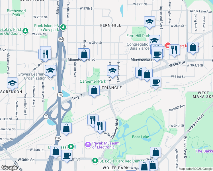 map of restaurants, bars, coffee shops, grocery stores, and more near in St. Louis Park